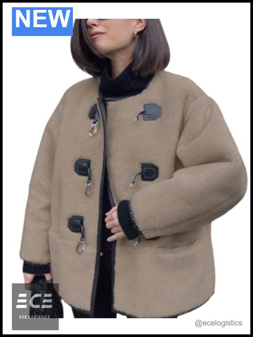 Womens Sherpa Fleece Button Down Jacket Collarless Loose Fit Coat Pockets